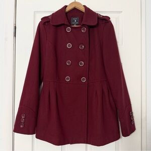 Forever 21 Wool Blend Peplum Pea Coat Double Breasted Deep Red